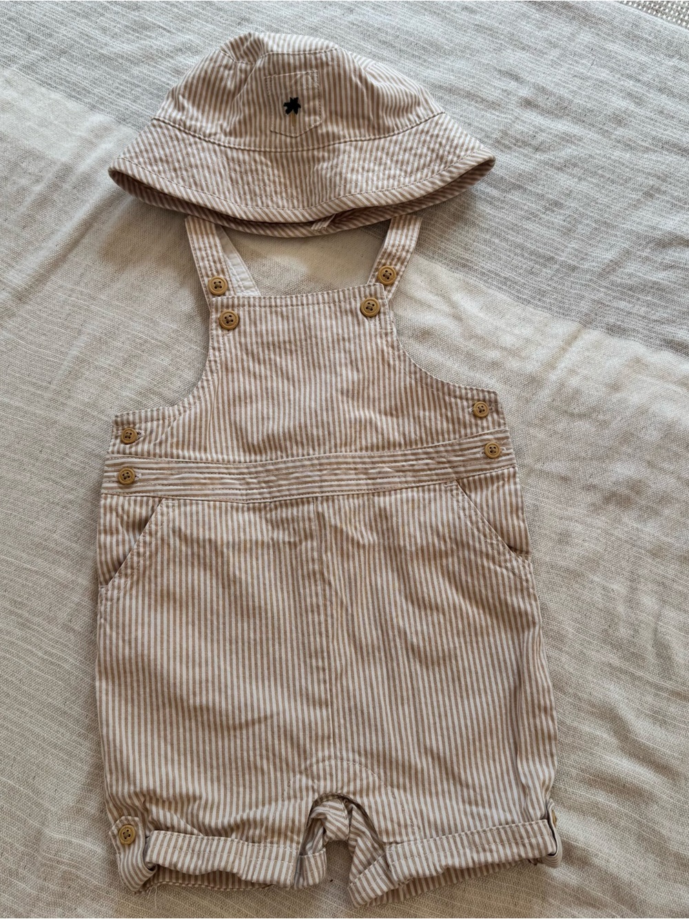 Janie and Jack Tan and White Pinstripe Overall Romper with Matching Hat